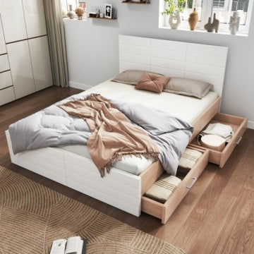 Oak and White Wooden Bed 160 x 200 cm with Mattress, Drawers and Slat Base