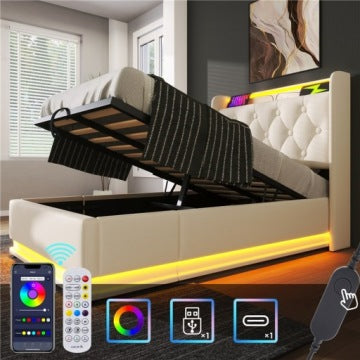 Modern Double Bed 160 x 200 cm with 360° LED Lighting
