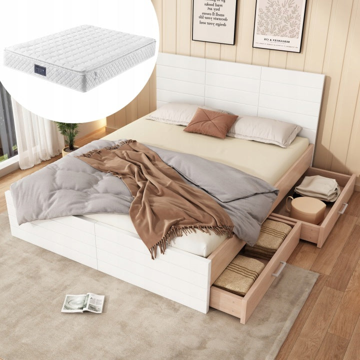 Oak and White Wooden Bed 160 x 200 cm with Mattress, Drawers and Slat Base