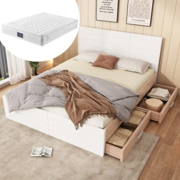 Oak and White Wooden Bed 160 x 200 cm with Mattress, Drawers and Slat Base